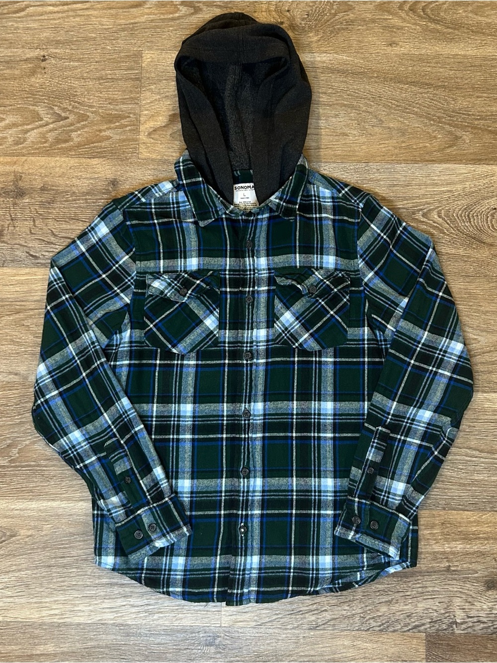 Flannel Shirt with Hood Blue/Navy/Green/White - Boys L Sonoma Gray Jacket
